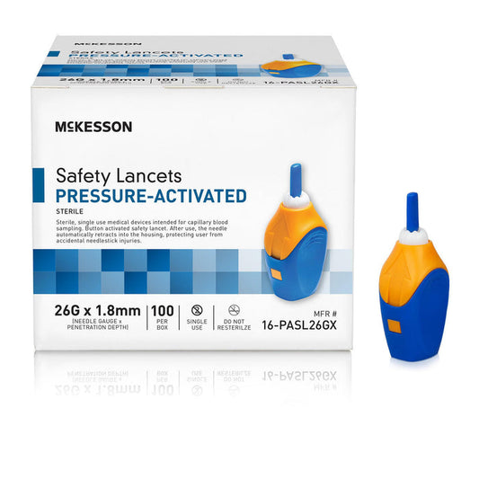 McKesson Prevent Safety Lancet Fixed Depth Lancet Needle, Pressure Activated, 100 ct - 16-PASL30GX - LL Medico