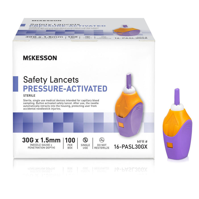 McKesson Prevent Safety Lancet Fixed Depth Lancet Needle, Pressure Activated, 100 ct - 16-PASL30GX - LL Medico