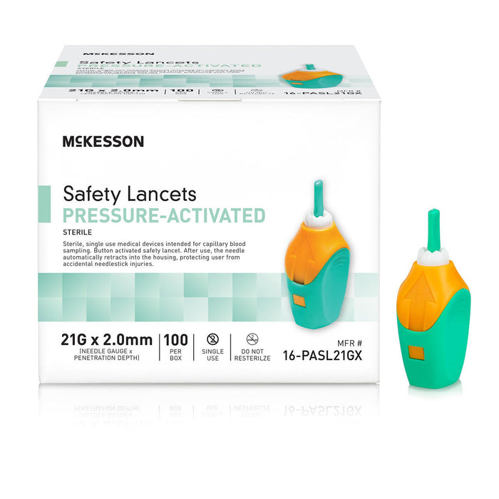 McKesson Prevent Safety Lancet Fixed Depth Lancet Needle, Pressure Activated, 100 ct - 16-PASL30GX - LL Medico