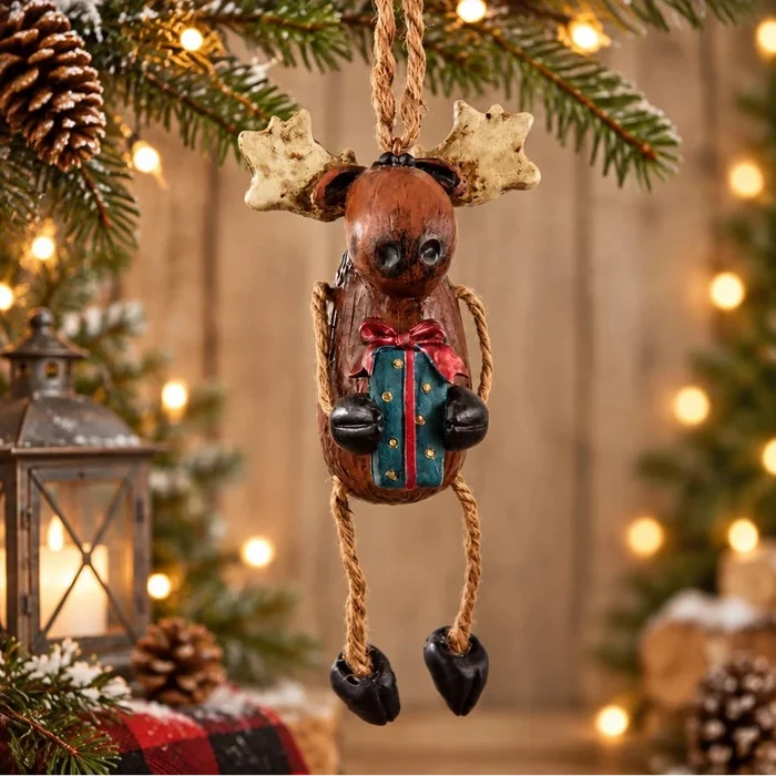 Moose with gift ornament hanging from Christmas Tree