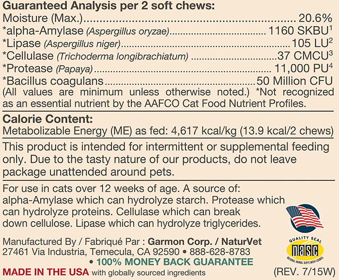 NaturVet Digestive Enzymes Plus Probiotics Cat Soft Chews