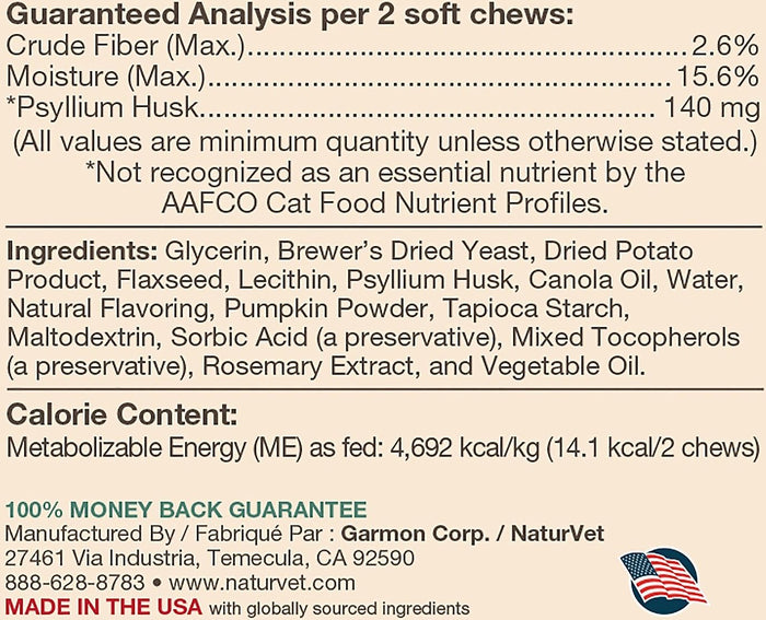 NaturVet Hairball Aid Supplement Plus Pumpkin Cat Soft Chews 60ct