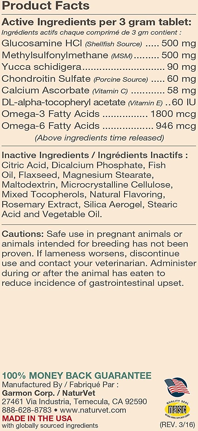 NaturVet Moderate Care Glucosamine DS Level 2 Max Formula Dog Tablets