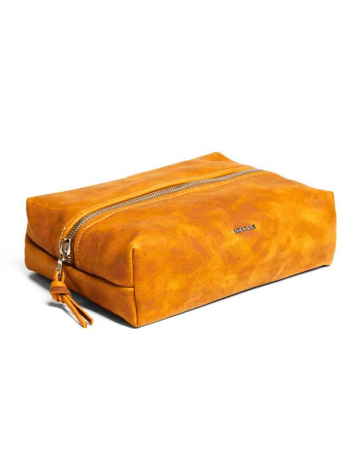 Nokona leather dopp kit with zipper and navy waterproof liner
