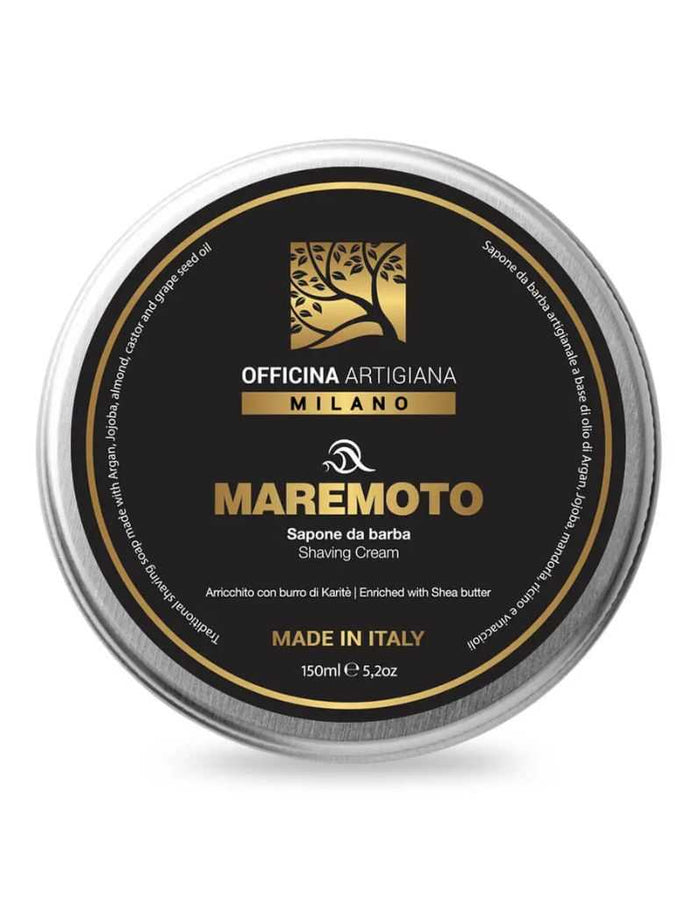 Maremoto shaving soap by Officina Artigiana in 150ml glass jar with aquatic-ozone fragrance and soft-lather formula