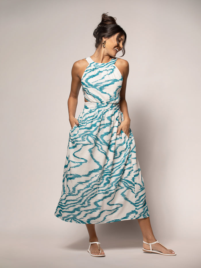 Light  white and blue accent pattern solid sleeveless dress with pockets, full front view.