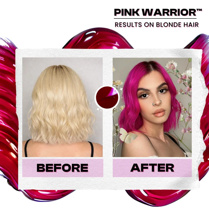 Before and after hair color result using Manic Panic Pink Warrior Inter-GEL-actic pink gel hair color kit on pre-lightened blonde hair