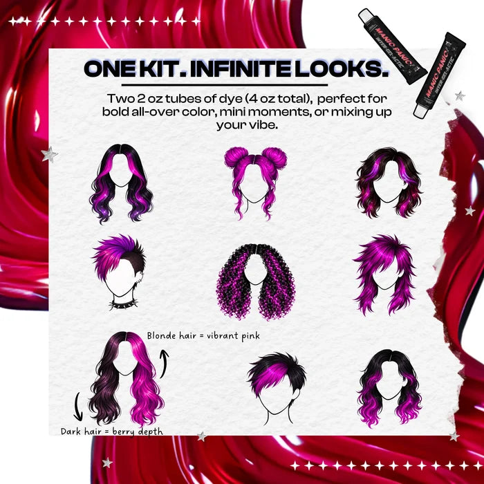 Graphic showing creative hairstyle looks using Manic Panic Inter-GEL-actic™ Pink Warrior gel hair color kit, a semi-permanent DIY hair dye with two 2 oz tubes for vibrant pink color and custom styling
