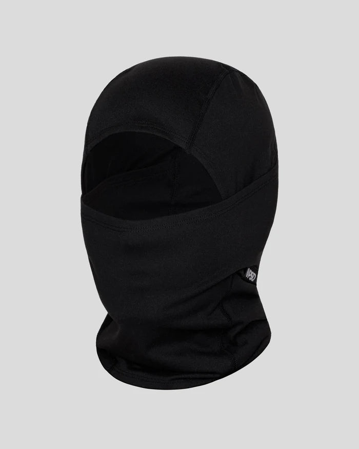 Black knit balaclava with face and neck coverage against a gray background.