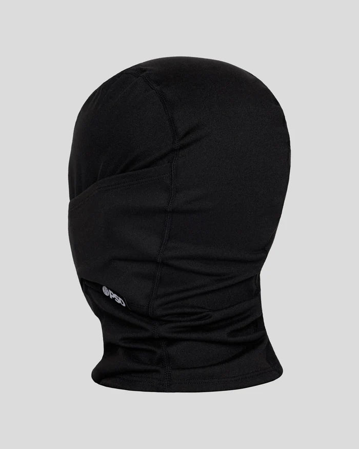 Black knit balaclava with logo patch and center seam detail.
