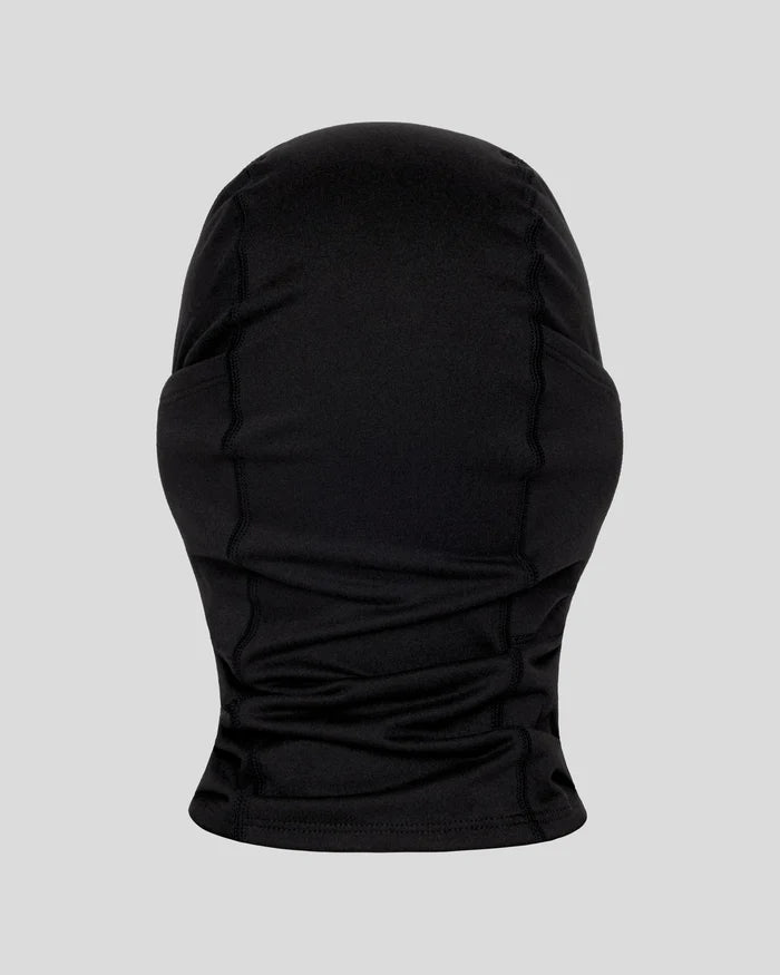 Black balaclava with ruched waist detail and fitted silhouette.