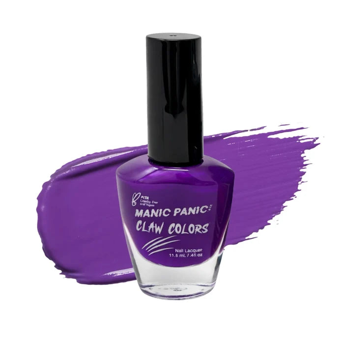 Bottle of Manic Panic Claw Colors Purple Haze nail polish shown in front of a purple paint swatch, featuring a rich violet shade in a glossy finish.