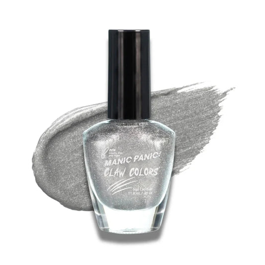 Manic Panic Claw Colors Queen Bitch glossy metallic silver foil nail polish bottle with paint stroke background