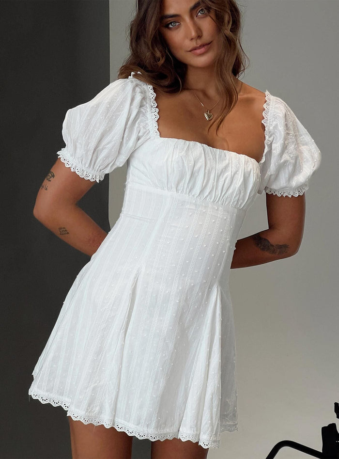 front view of model wearing Princess Polly Rabatia Mini Dress White Square Neck