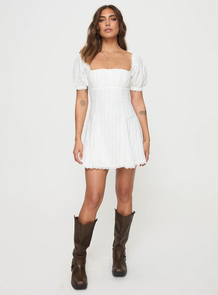 front view of model wearing Princess Polly Rabatia Mini Dress White Square Neck