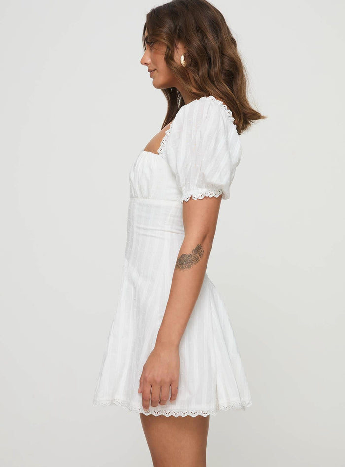 side view of model wearing Princess Polly Rabatia Mini Dress White Square Neck
