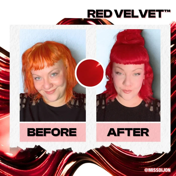 Before and after comparison of a person doing a hair transformation with the shade, Red Velvet.