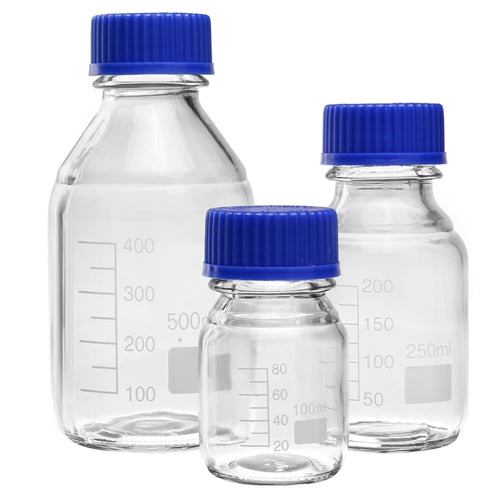 Round Glass Reagent Bottles with Blue Lids