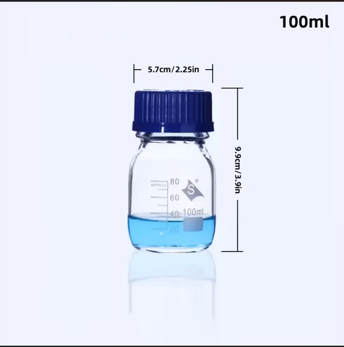 Round Glass Reagent Bottles with Blue Lids