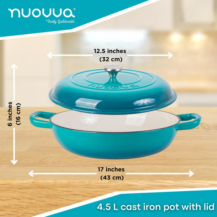 Nuovva teal 4.5L shallow cast iron pot with for efficient cooking and storing.