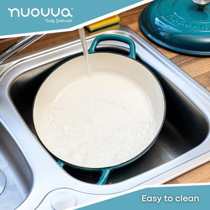 Nuovva teal cast iron casserole pot with lid, easy to clean cookware.