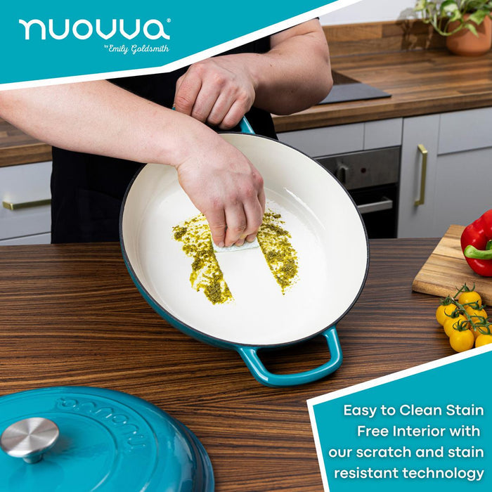 Nuovva cast iron teal casserole pot with stain free, easy to clean interior.