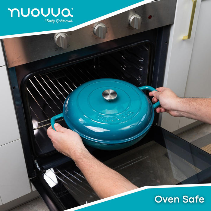 Nuovva teal shallow cast iron casserole pot for oven safe cooking - cookware for stove to oven cooking.