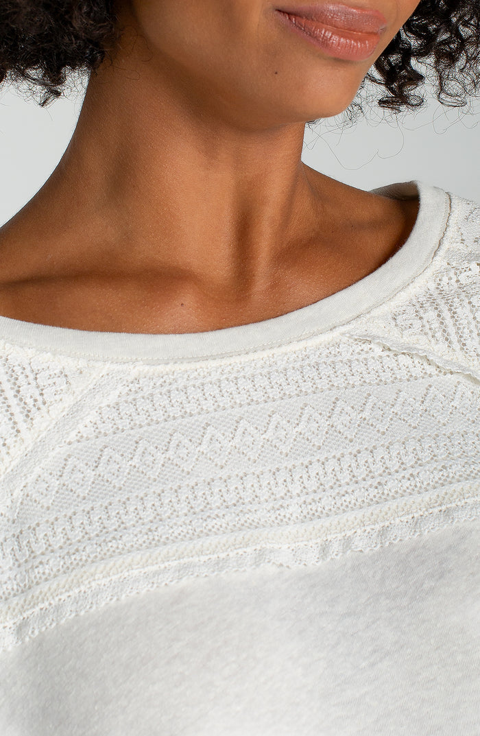 Short Sleeve Dolman Boat Neck Knit Top w/ Lace