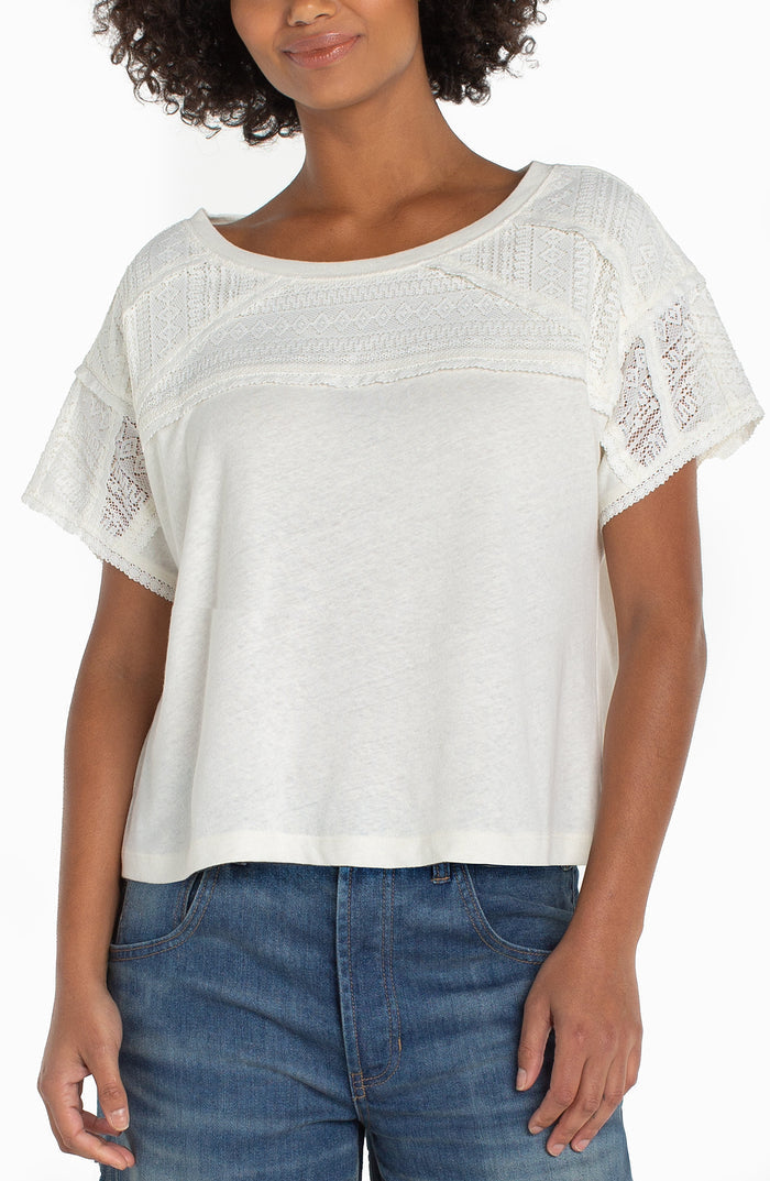 Short Sleeve Dolman Boat Neck Knit Top w/ Lace