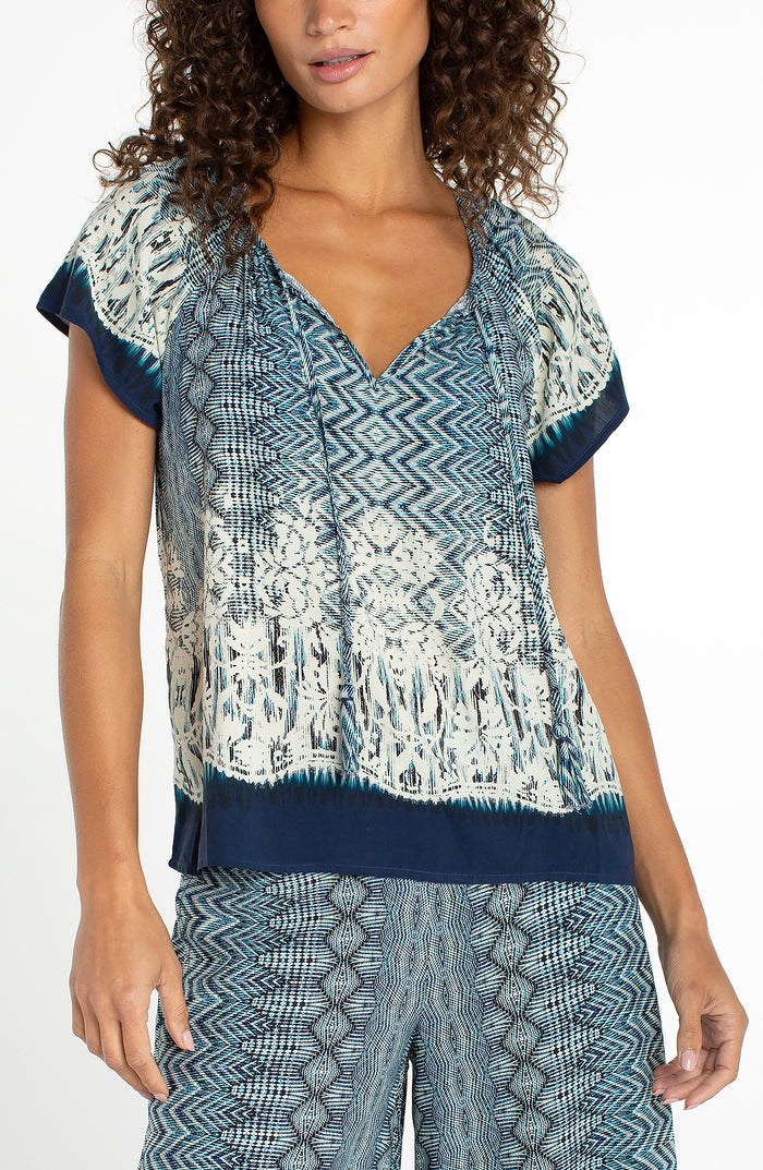 Short Sleeve Woven Top w/ Front Tie Detail