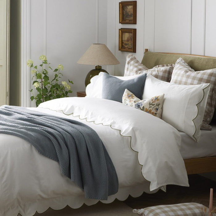 Simone Scallop Embroidered Edge Flat Sheet - Off White/Olive - DUSK