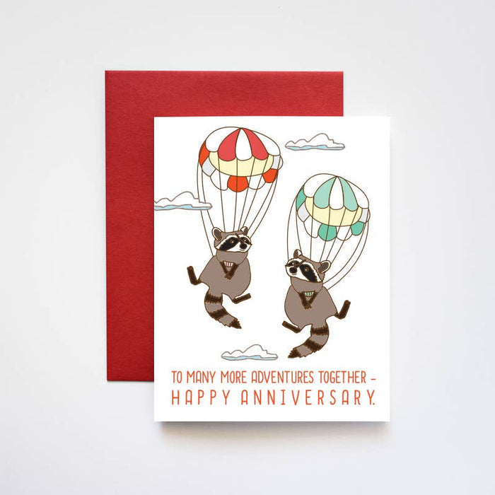 Sky Diving Raccoons Happy Anniversary Greeting Card: 4.25" x 5.5" (fits a A2 Envelope)