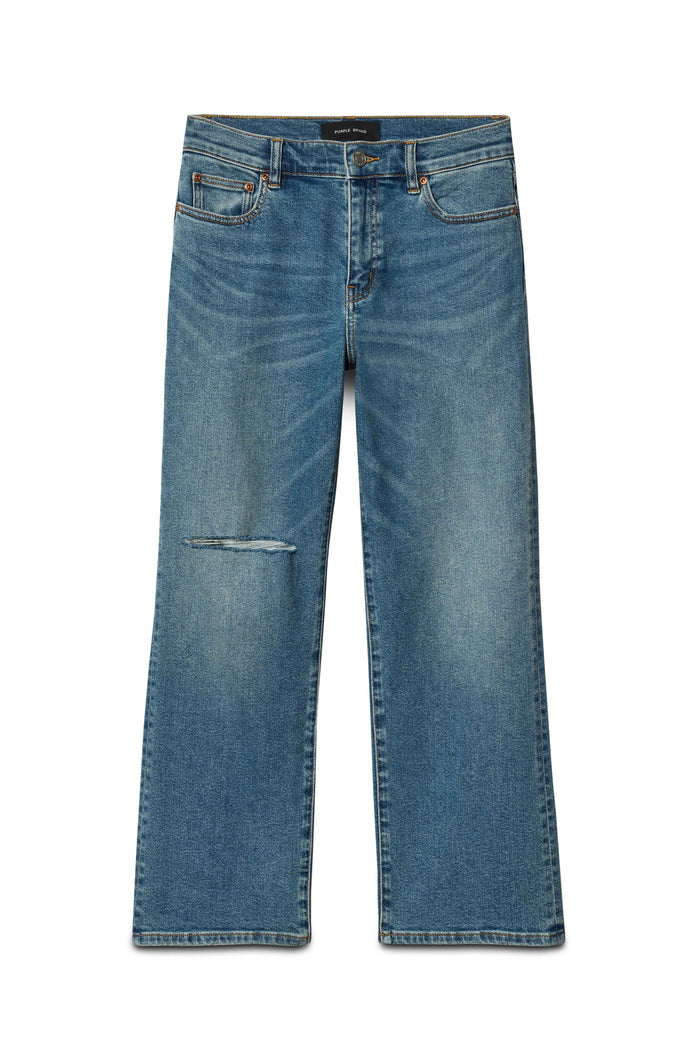 Slim Crop 80's denim in medium indigo wash with distressed details and cropped straight leg.