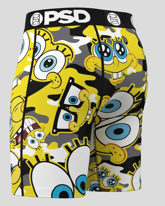 PSD brand underwear with SpongeBob SquarePants character print in yellow, gray, and white camouflage pattern.