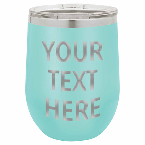A light blue stainless steel stemless wine tumbler with customizable text, featuring a clear lid.
