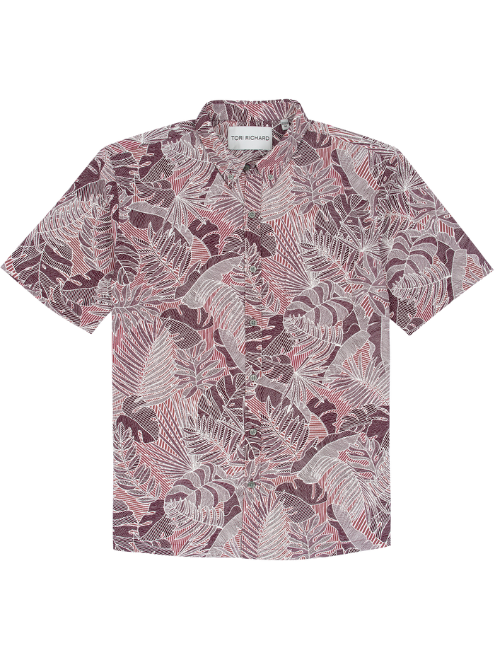 Maroon, pink, and white tropical-leaf print short-sleeve shirt, front view.