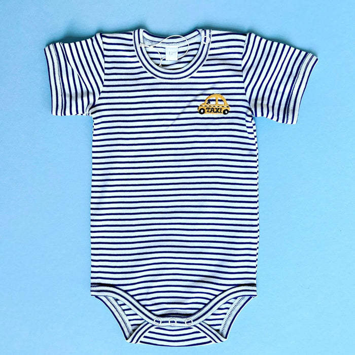 Taxi Embroidery - Organic Striped Onesie: 0-3 Months