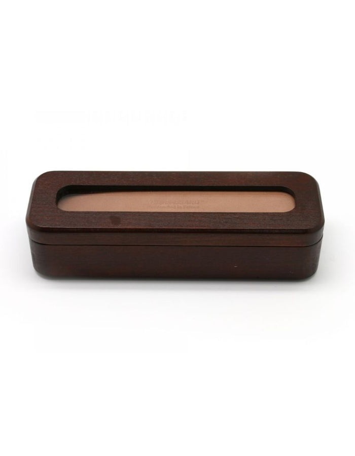 Luxurious dark brown solid beechwood storage box for one straight razor with a clear glass top display window, elegant grooming accessory