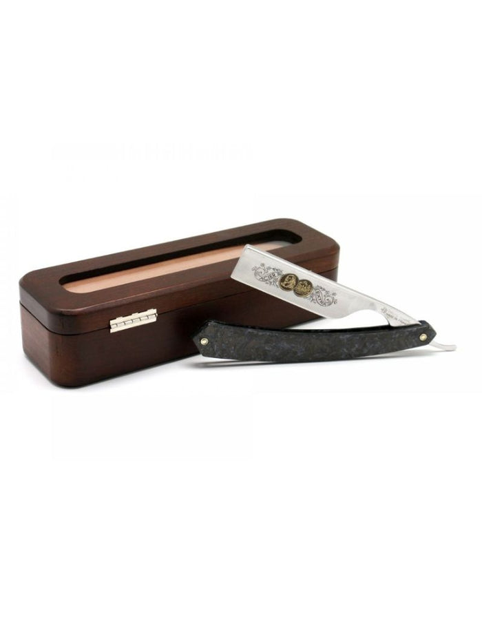 Dark wood beechwood razor case with hinged lid, includes a straight razor with ornate handle, perfect for grooming storage and display