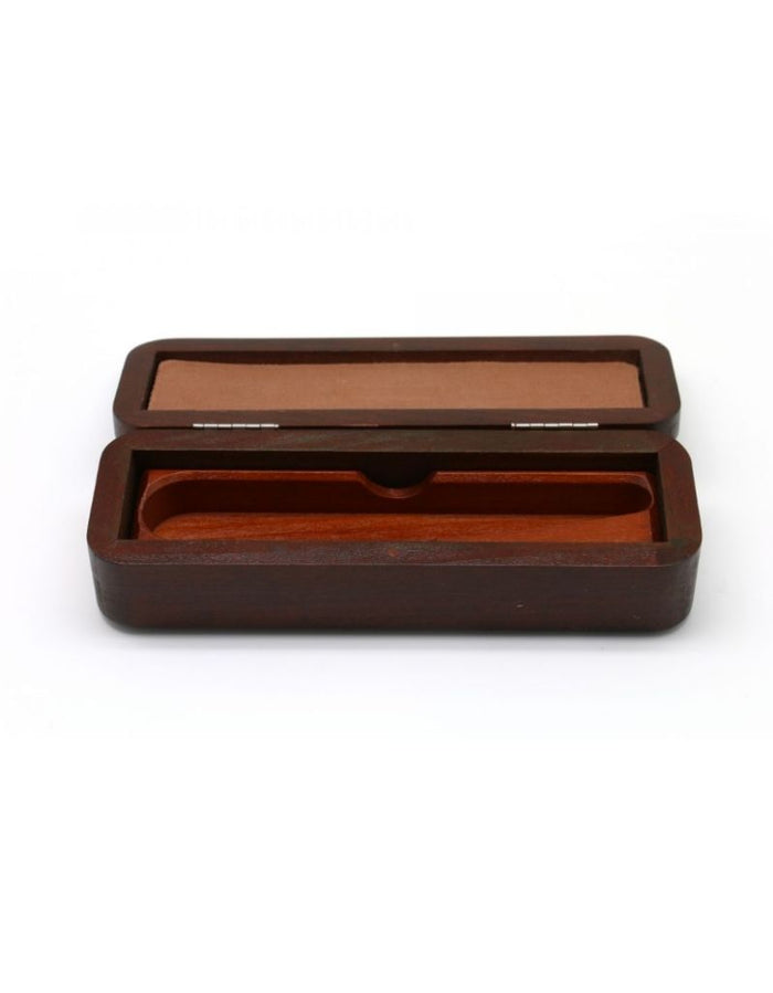 Open dark beechwood storage box with soft interior lining, designed for storing a straight razor, sleek and elegant grooming accessory holder