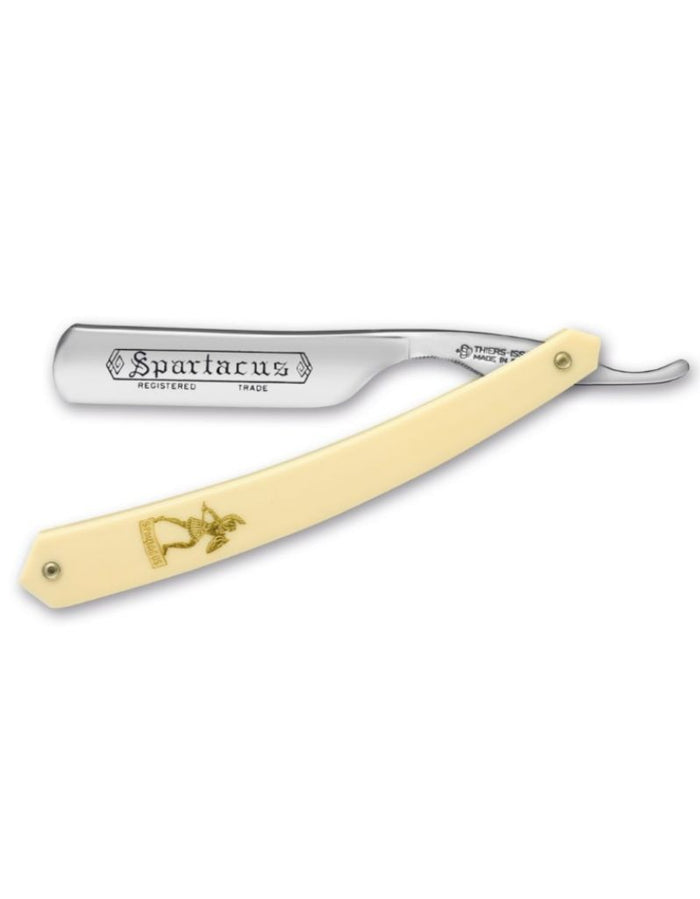 Thiers Issard Spartacus straight razor with a polished carbon steel blade, ivory-colored plastic handle featuring a gold logo, and a black leather pouch
