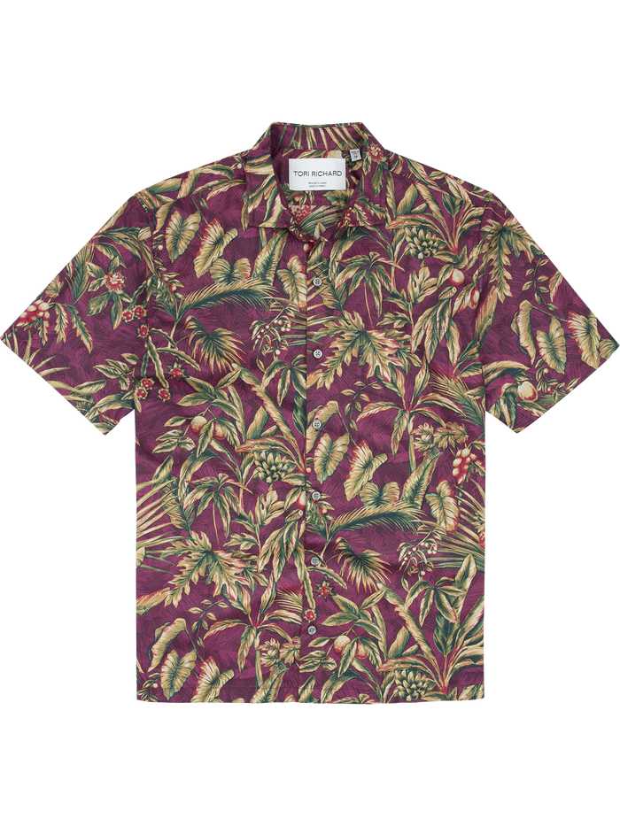 Maroon short-sleeve shirt with green/yellow tropical leaf print pattern, flat lay, front view.