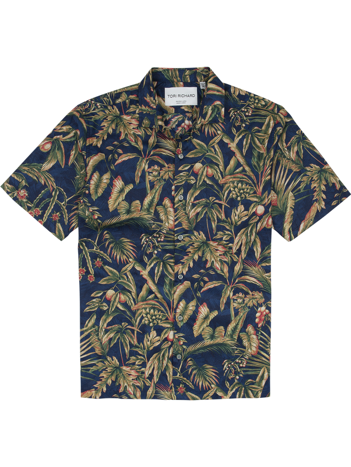 Green and brown tropical leaf-print cotton button-up- short sleeve shirt, flat lay, front view .