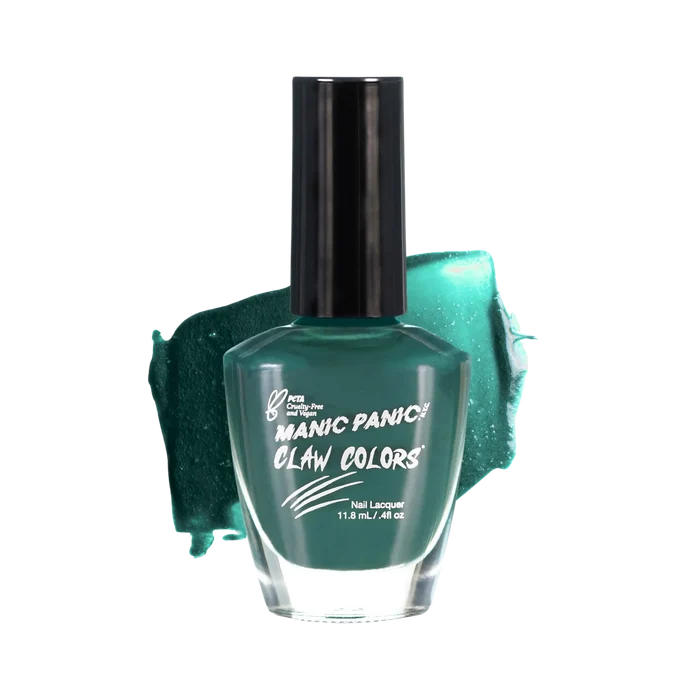 Manic Panic Claw Colors Venus Envy glossy hunter green nail polish bottle with paint stroke background