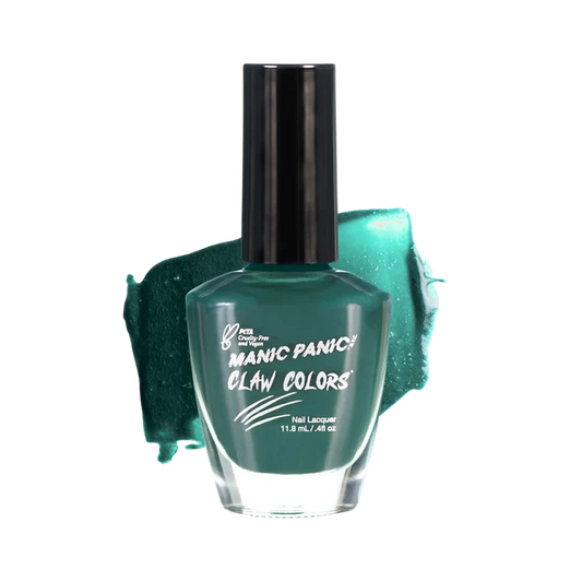 Manic Panic Claw Colors Venus Envy glossy hunter green nail polish bottle with paint stroke background