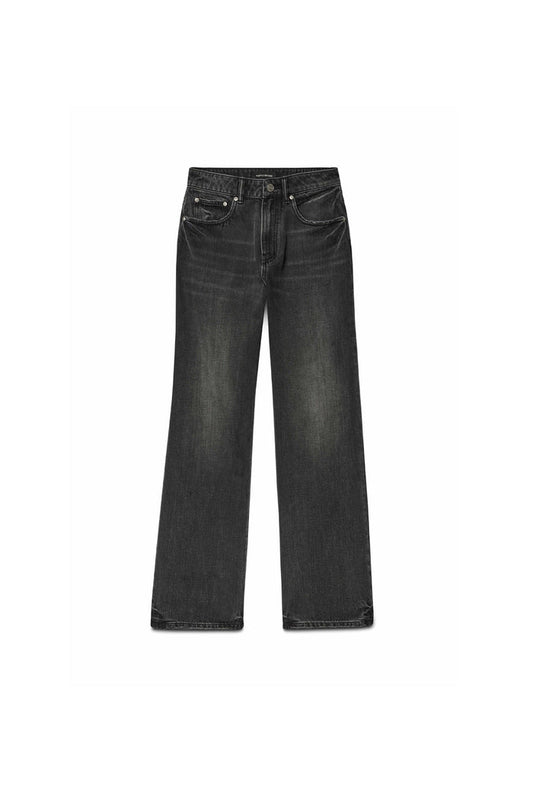 Wide Grease high-rise black denim with wide relaxed leg and five pocket styling.