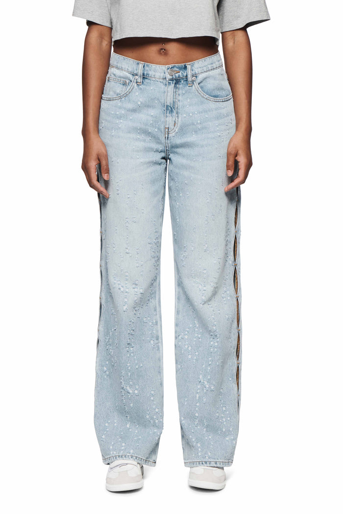 Wide Side Cut Out Buckshot high-rise wide leg denim with side-seam openings and buckshot tears.