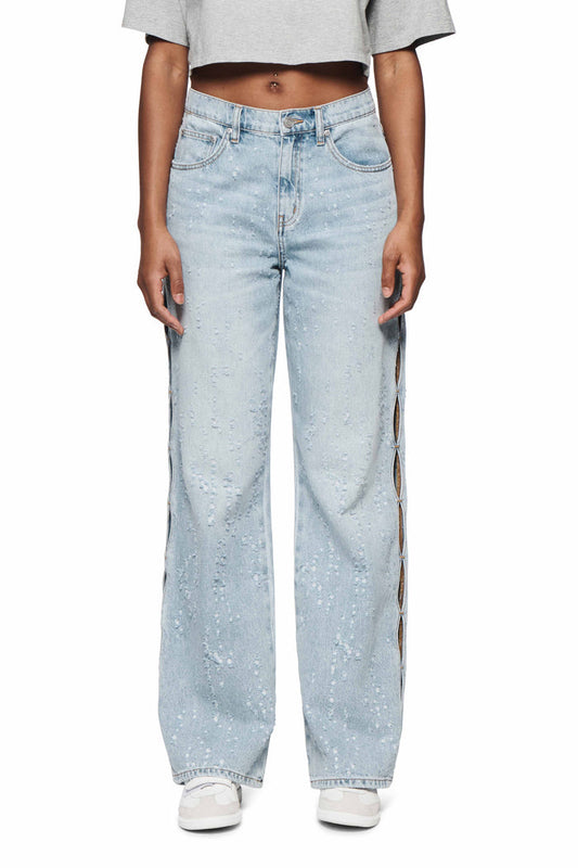 Wide Side Cut Out Buckshot high-rise wide leg denim with side-seam openings and buckshot tears.