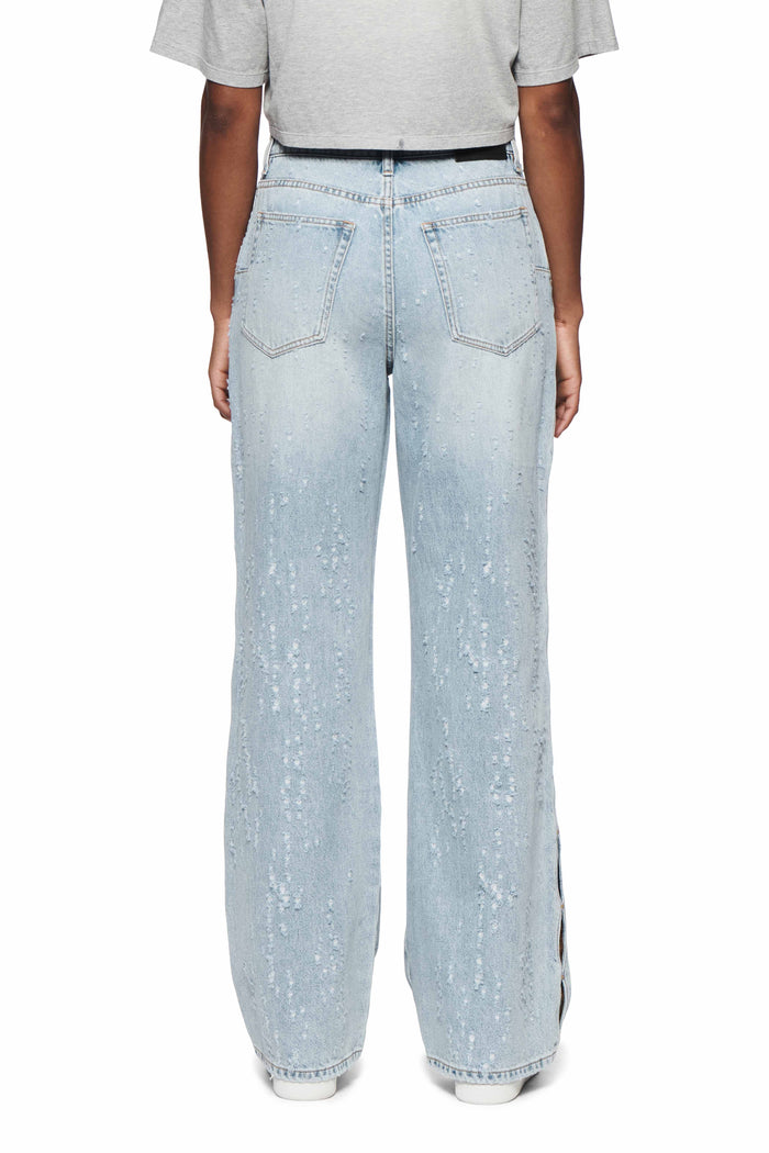 Wide Side Cut Out Buckshot high-rise wide leg denim with side-seam openings and buckshot tears