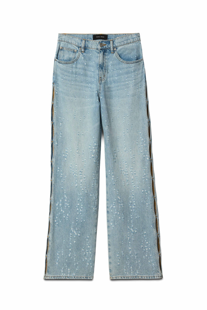Wide Side Cut Out Buckshot light indigo wash denim high-rise wide leg with side seam openings